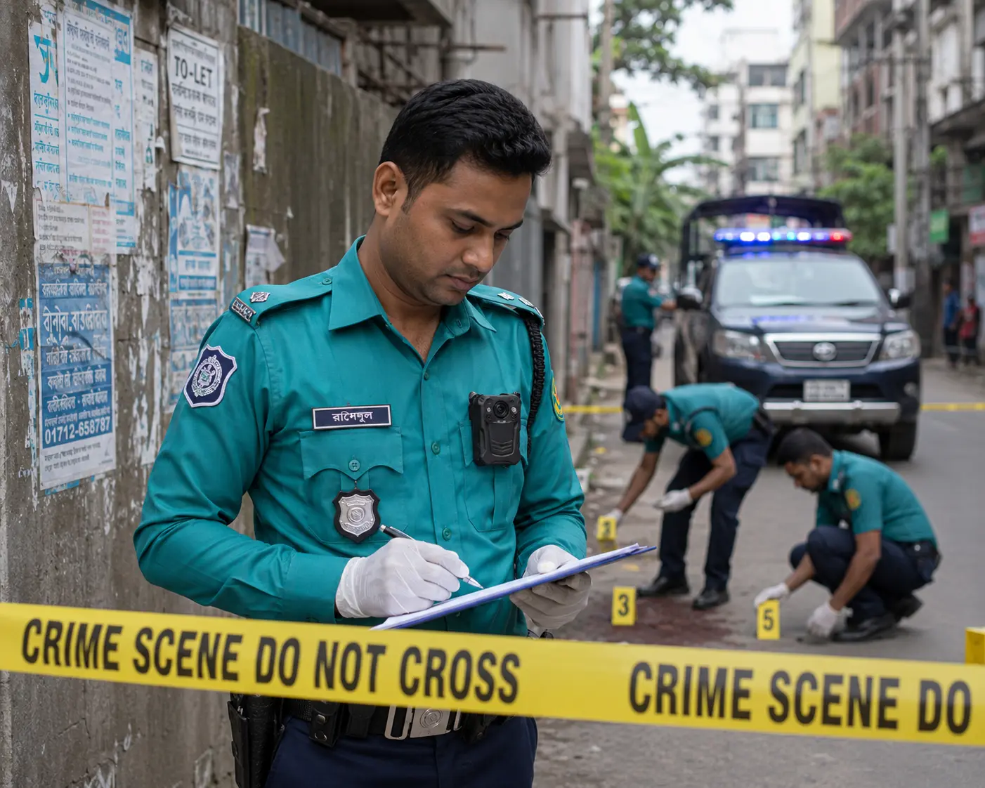 Police officer writing an official report during crime scene investigation with active body camera