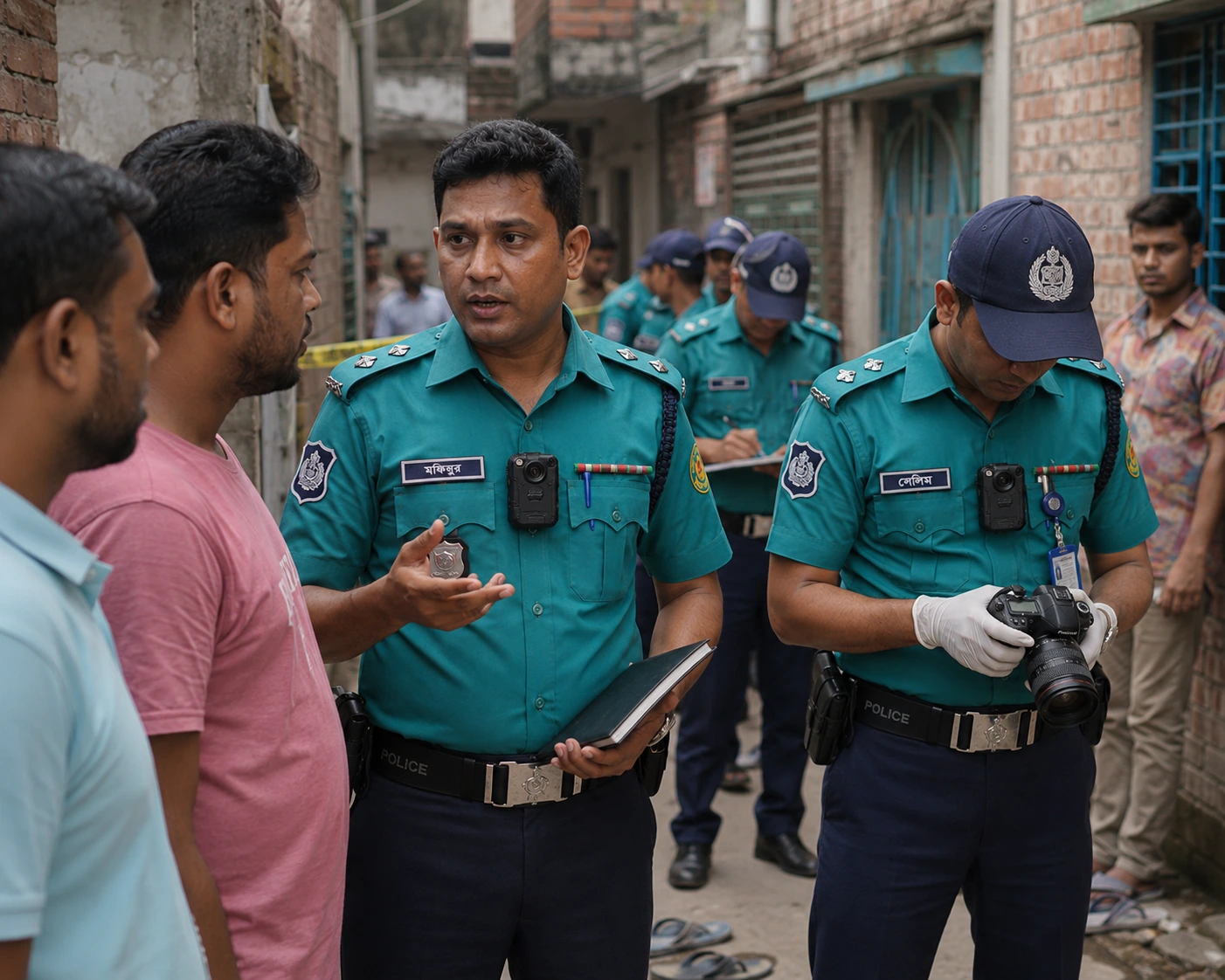 Bangladesh Police conducting a street search operation wearing an AI body camera for field safety