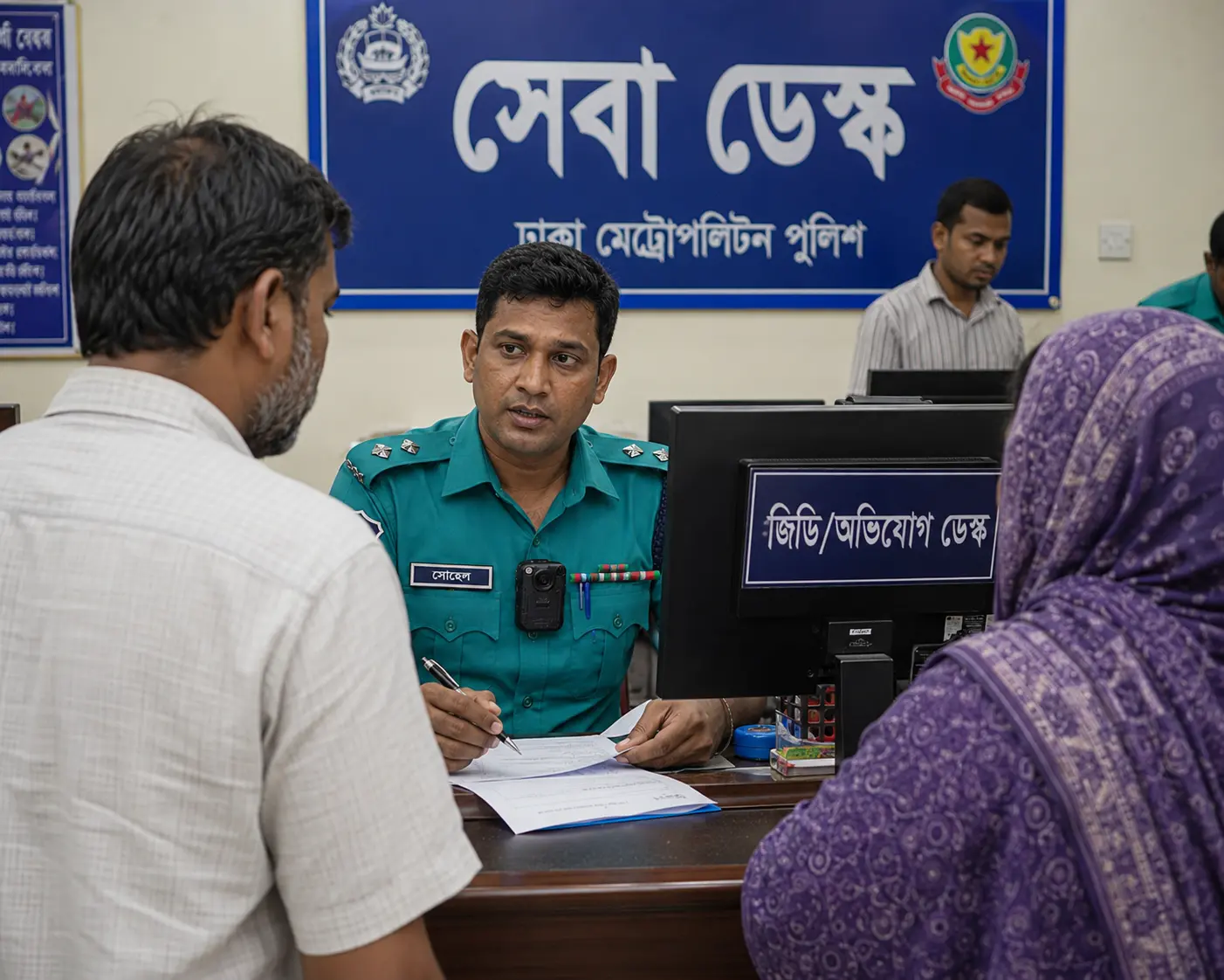 Desk officer recording a public complaint and writing general diary wearing an AI body camera