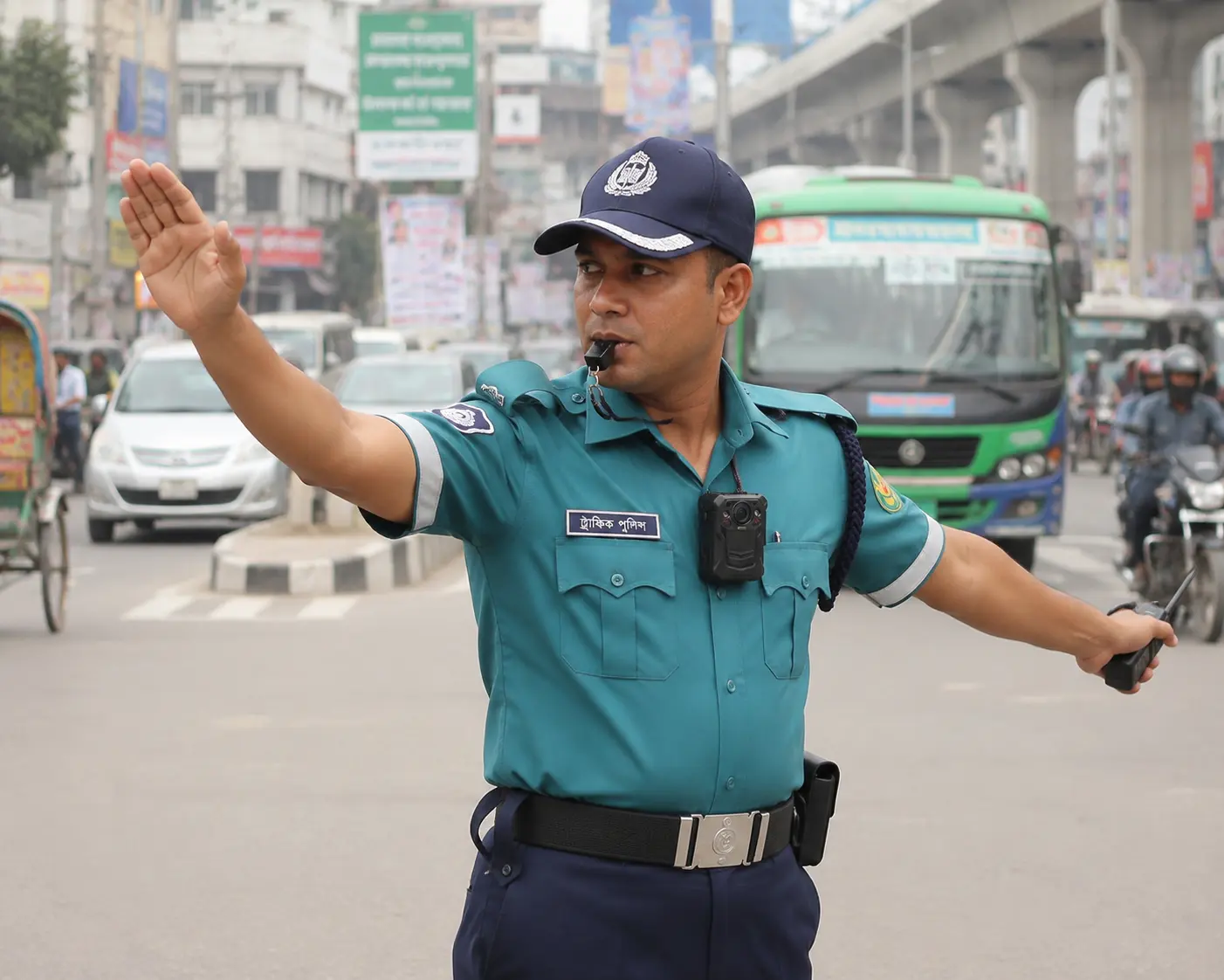 Traffic police officer controlling road traffic while body camera streams live video to headquarter