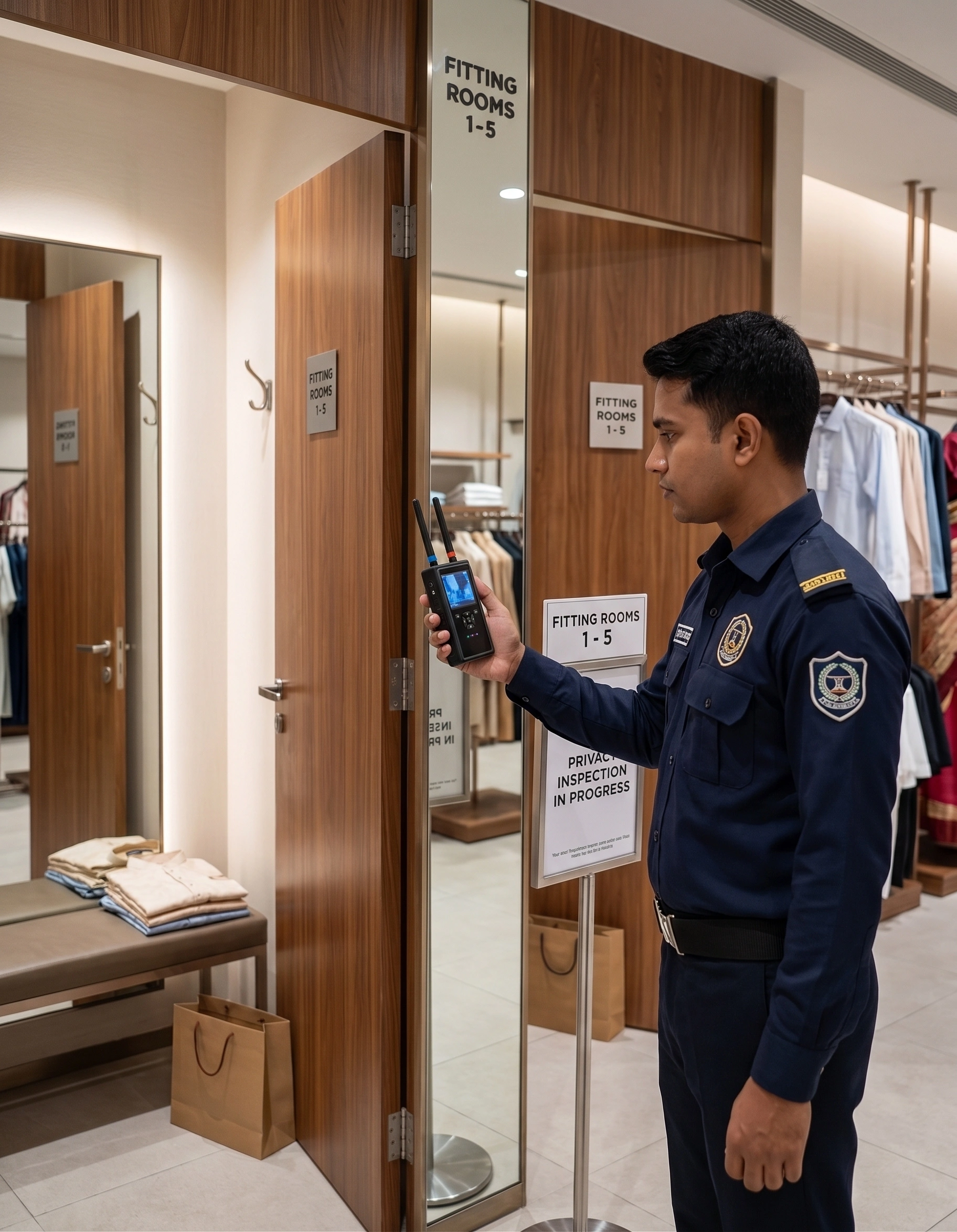 Security guard using a handheld hidden camera detector to inspect mirrors and walls inside a clothing store fitting room.