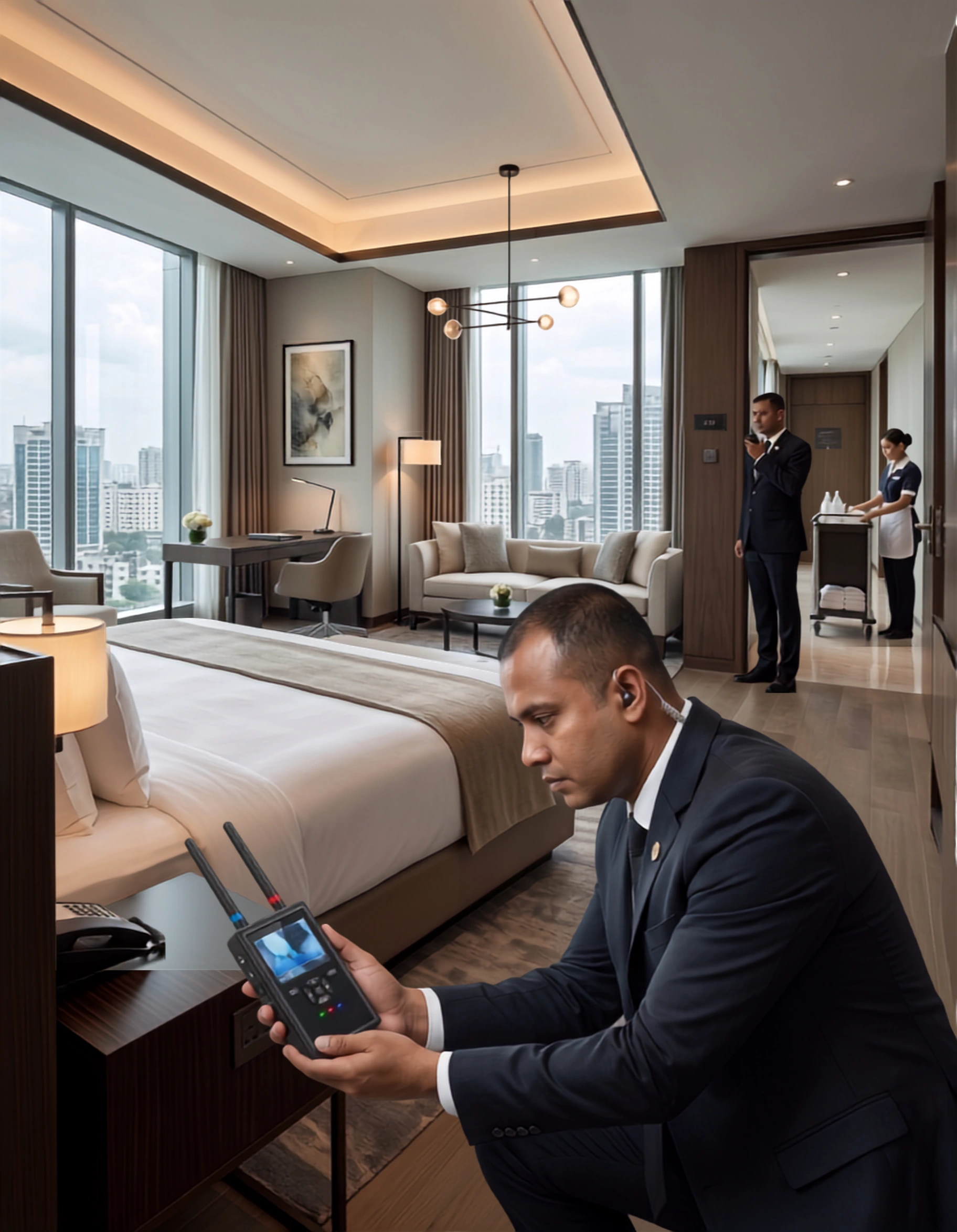 Hotel security officer using an anti-spy detector to sweep a luxury suite bedroom for hidden pinhole lenses near the bedside table.