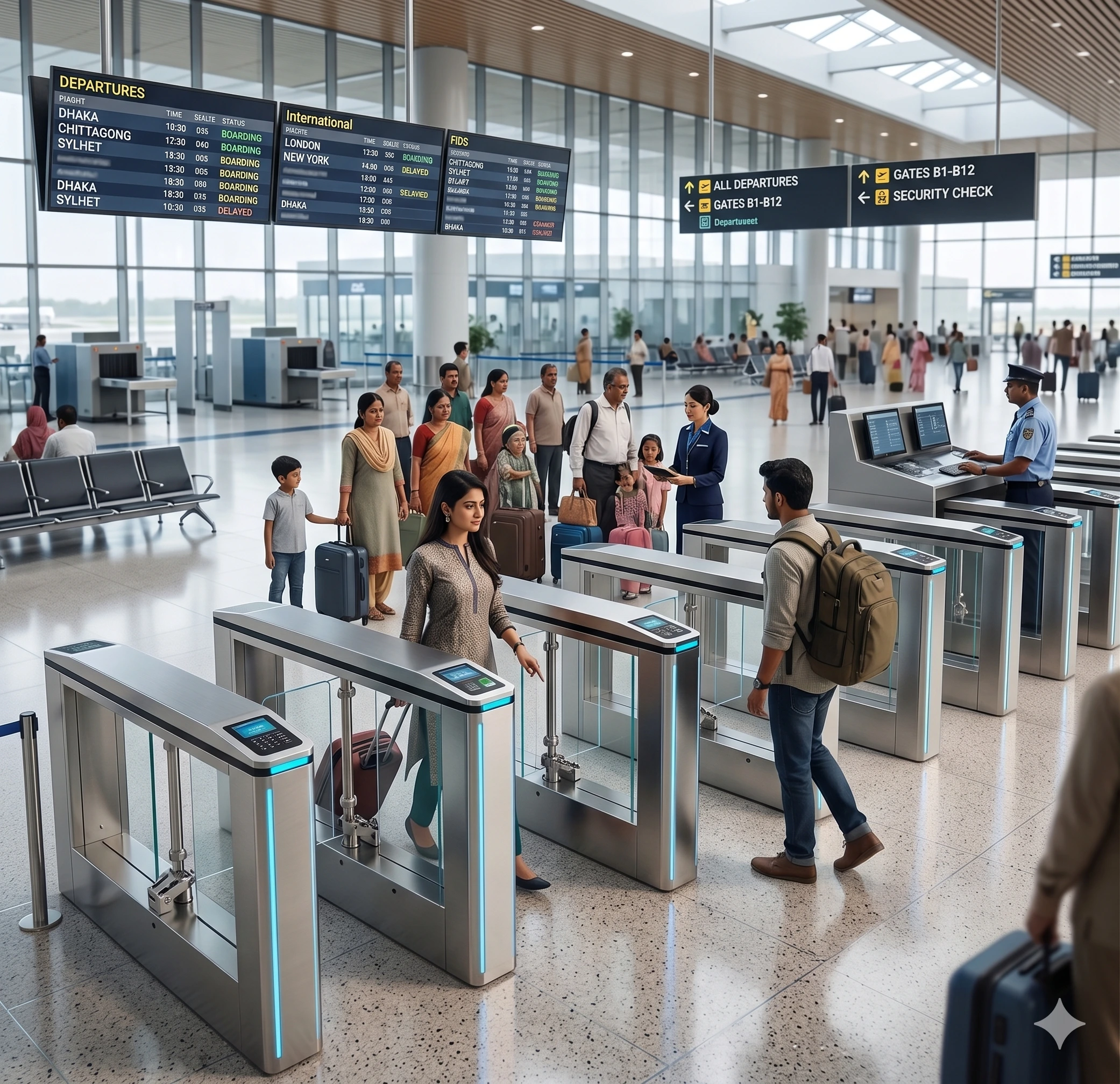 An automatic turnstile gate for pedestrian access installed at a busy airport terminal checkpoint managing lines of passengers with luggage