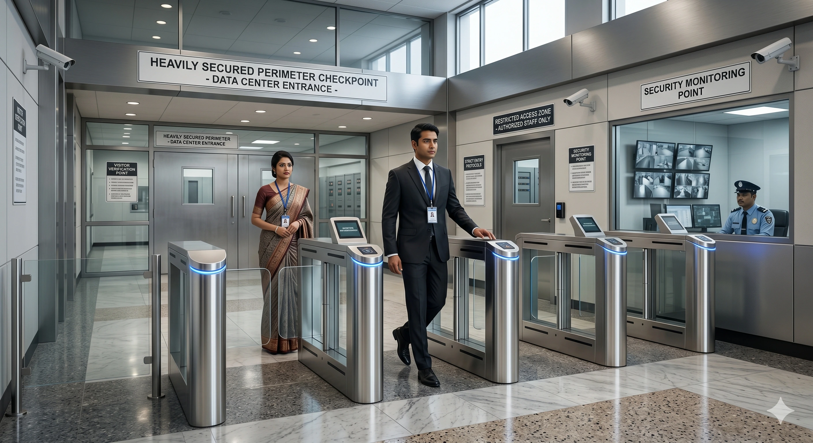 A heavily secured data center entrance featuring a stainless steel automatic turnstile gate for pedestrian access with employee scanning badges