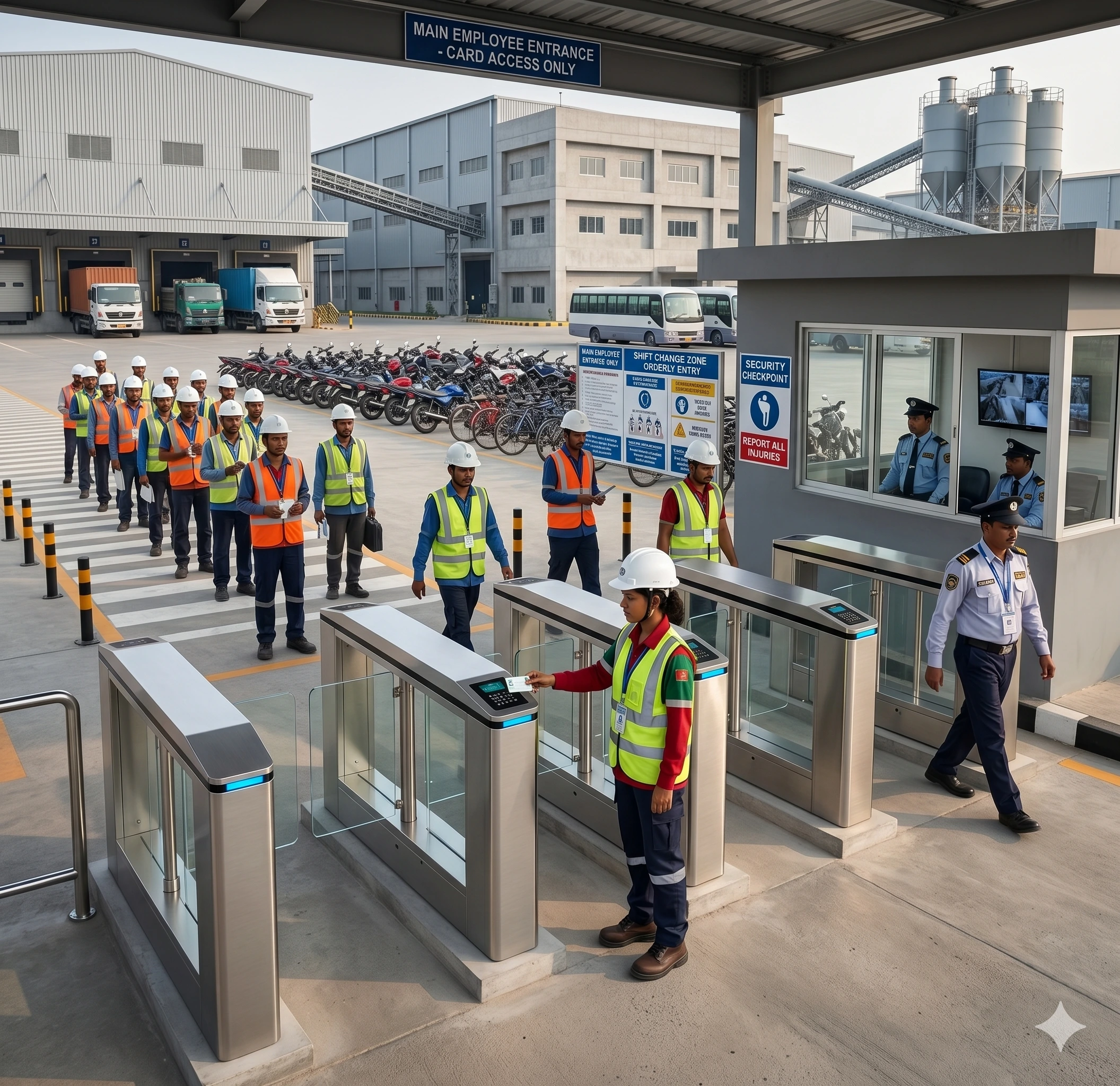 Industrial factory workers wearing safety helmets lining up at a shift change entrance zone with an automatic turnstile gate for pedestrian access