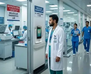 Doctor using a biometric face recognition access control system to enter a restricted hospital molecular diagnostics lab