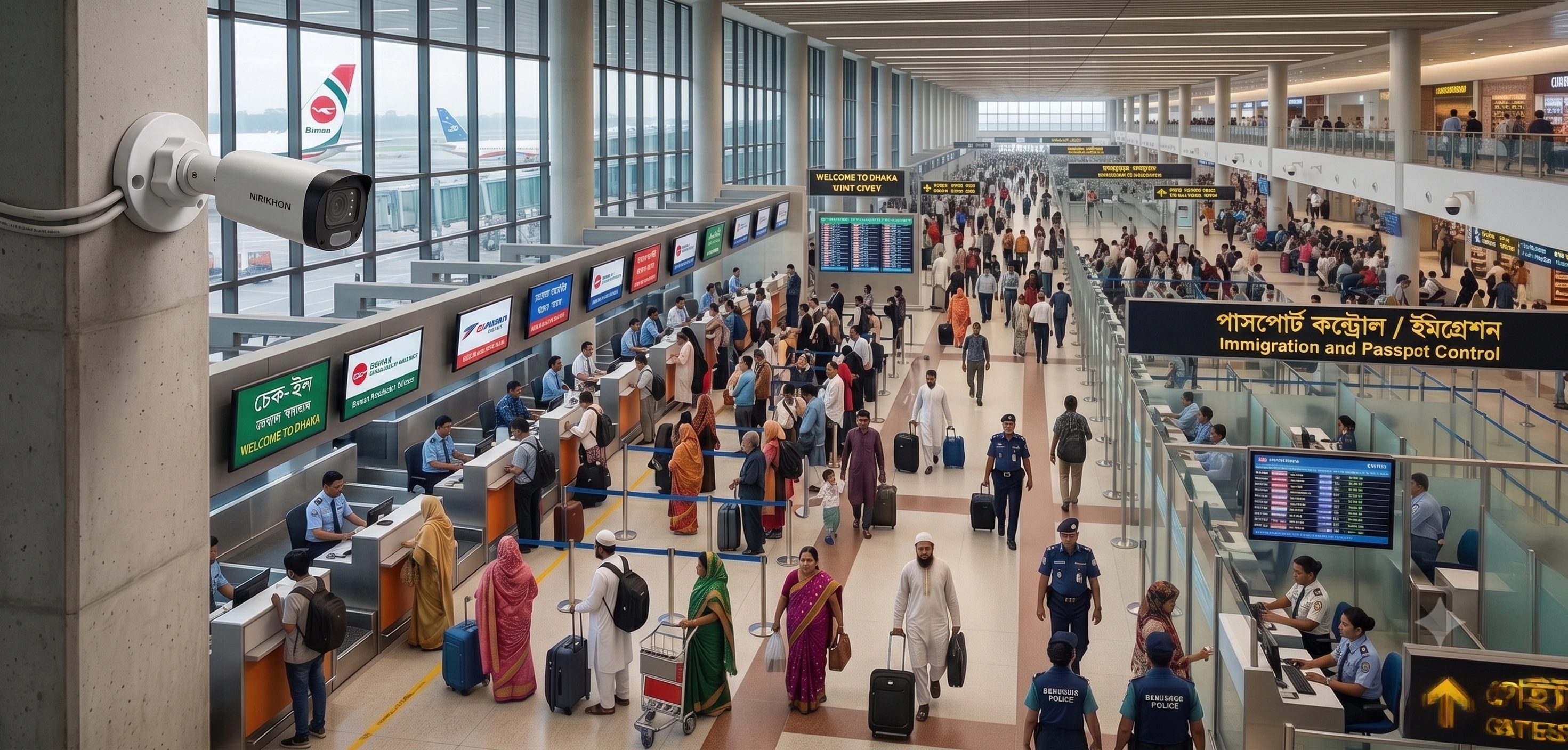 An 8MP bullet camera monitoring people at Dhaka airport immigration passport control counter for biometric face recognition access security