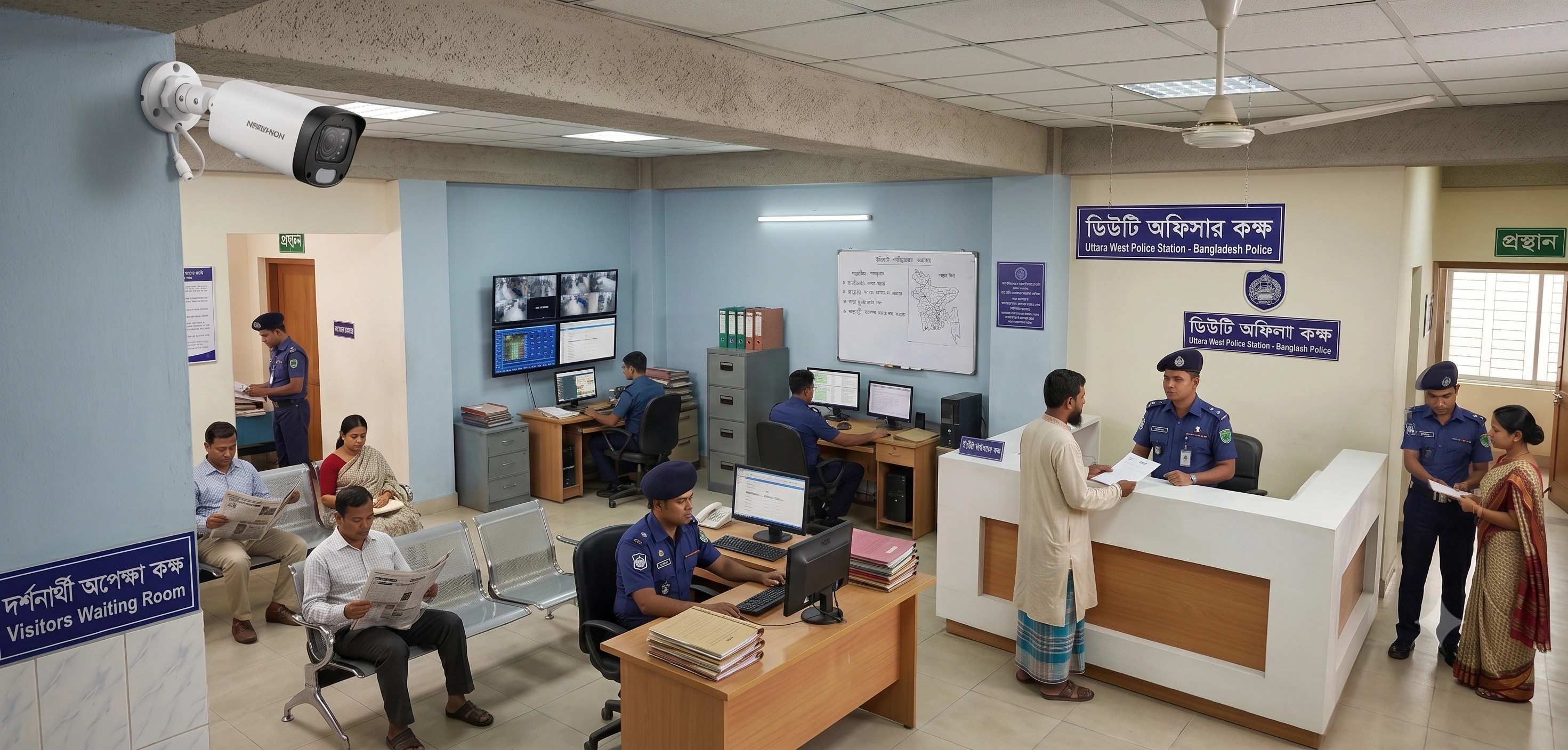An 8MP bullet camera installed in the visitors waiting room of Uttara West Police Station tracking people and duty officers