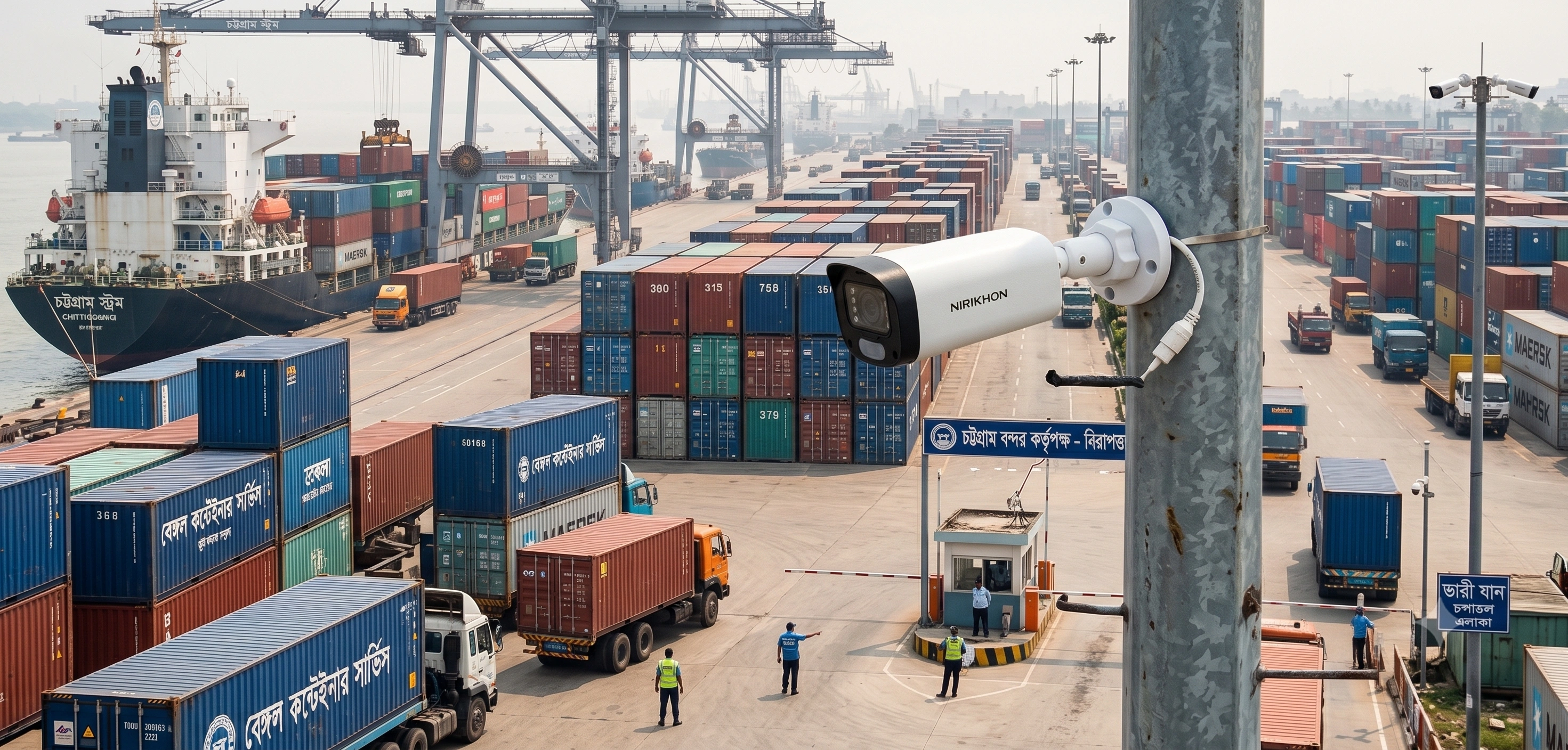 An 8MP bullet camera mounted on a pole monitoring shipping containers and cargo trucks at Chattogram port security gate