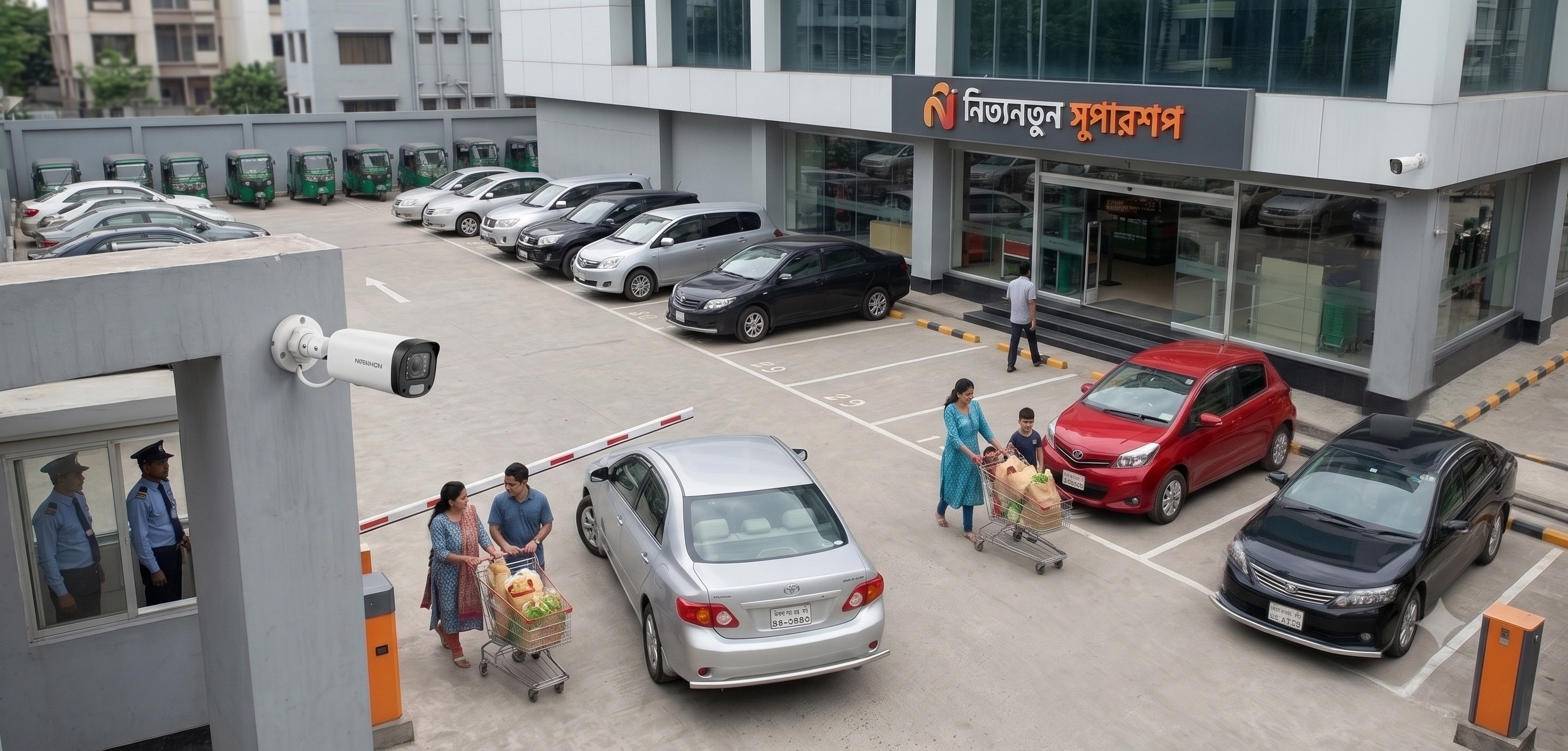 An 8MP bullet outdoor camera mounted near the gate barrier monitoring a supershop car parking lot and customers