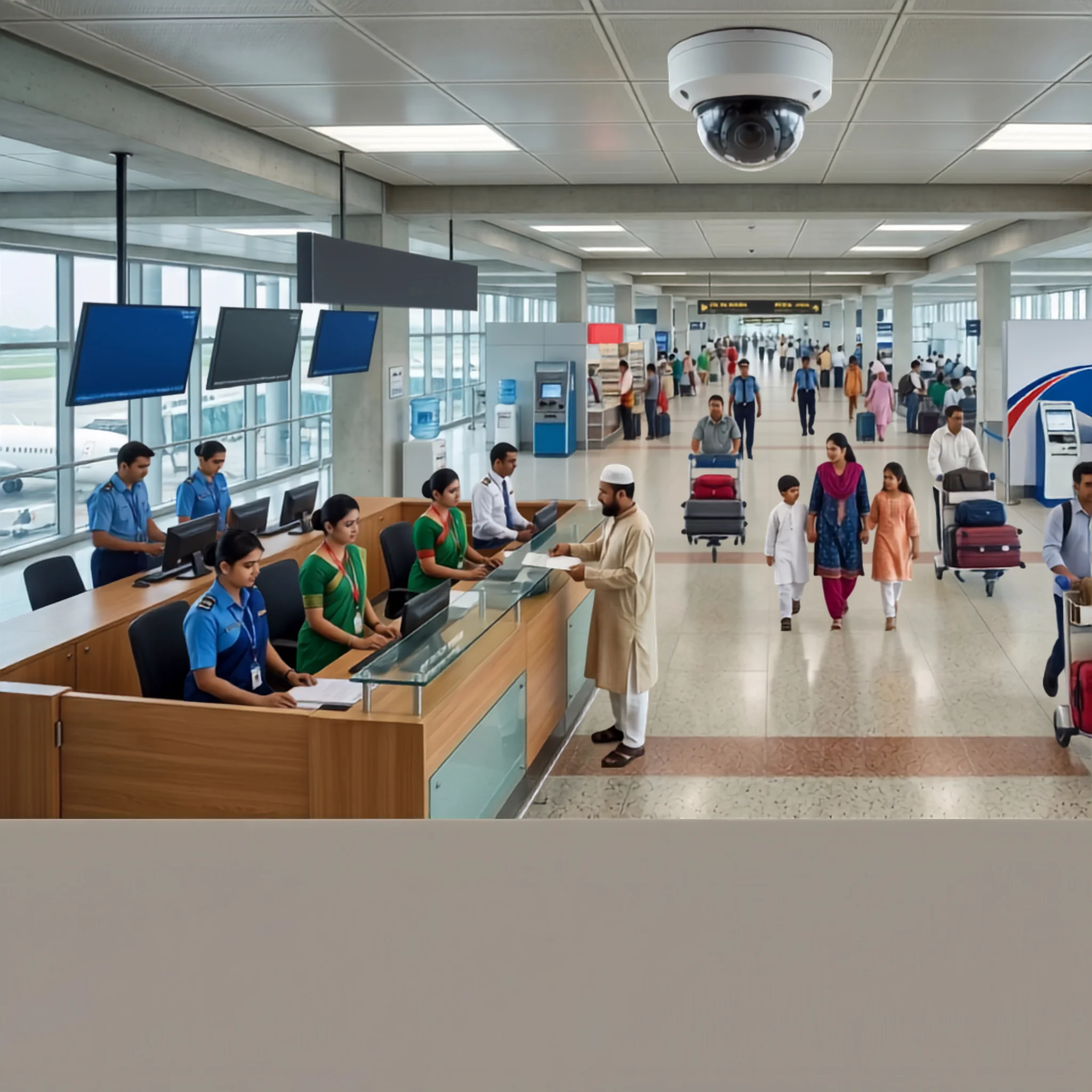 Ceiling-mounted 5MP IP dome camera monitoring passengers and staff at an airport check-in counter lane