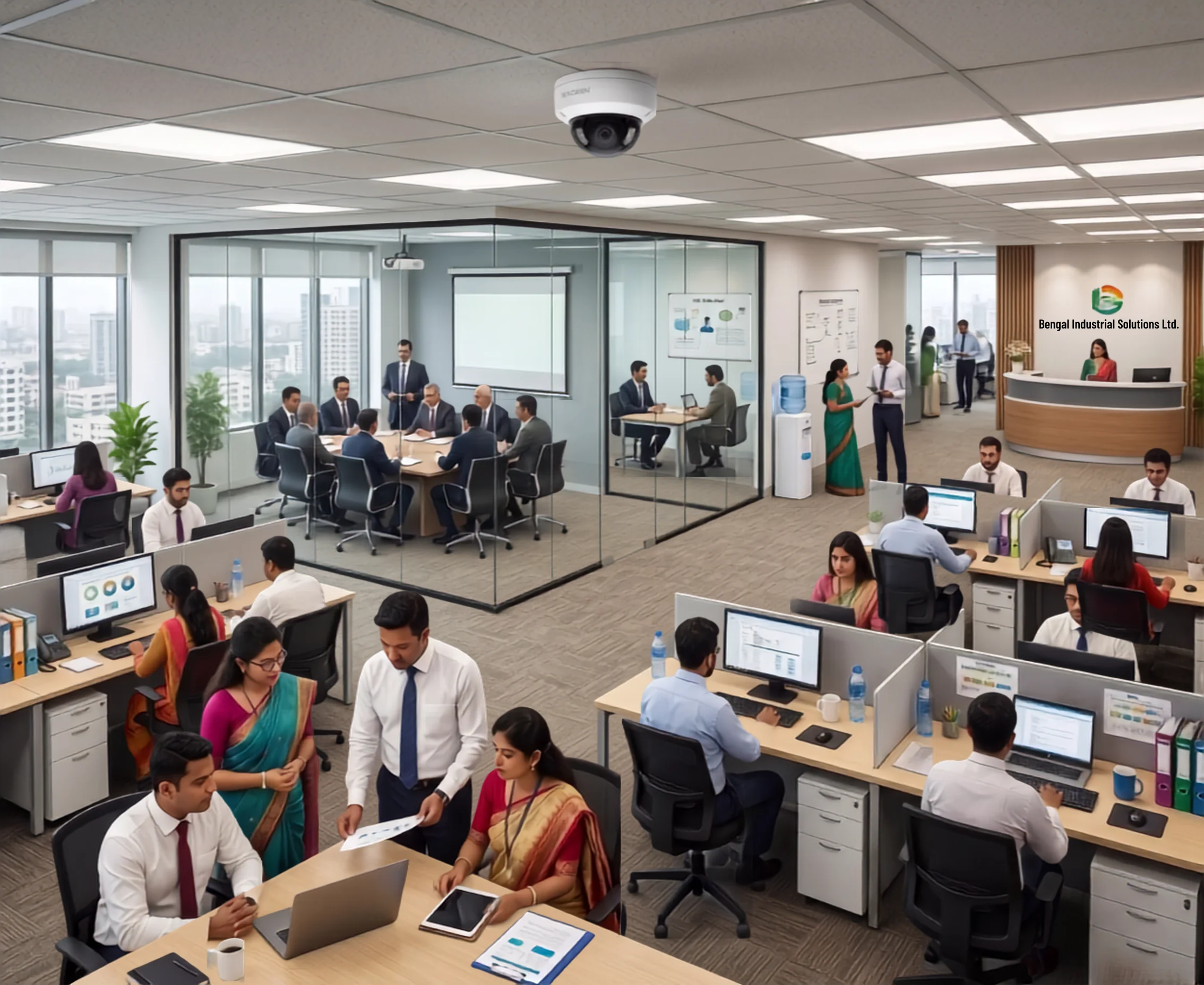 A 5MP IP dome camera installed on an office ceiling monitoring employees at desks and a reception area for attendance tracking