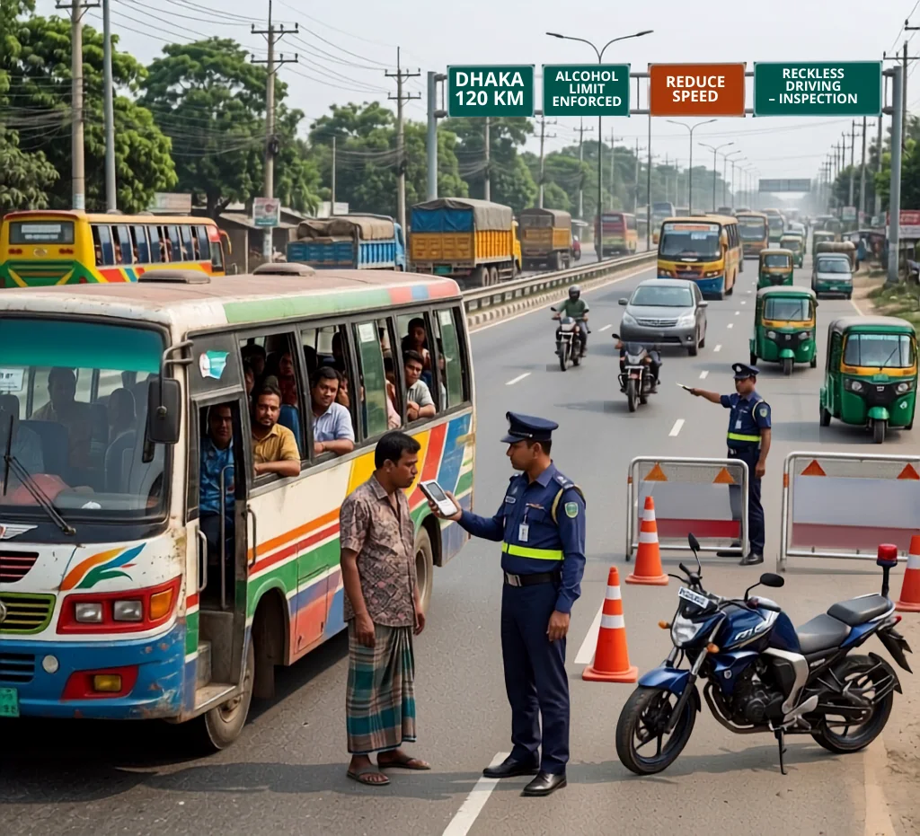 Police officers conducting a random breath test on a bus driver using a digital alcohol breathalyzer machine in Bangladesh.