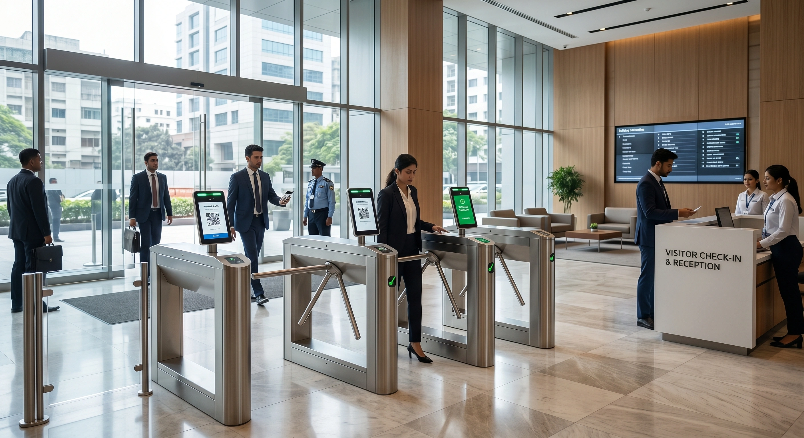 Smart pedestrian turnstile gates integrated with a visitor check-in desk inside a luxury hotel lobby for guest access control.