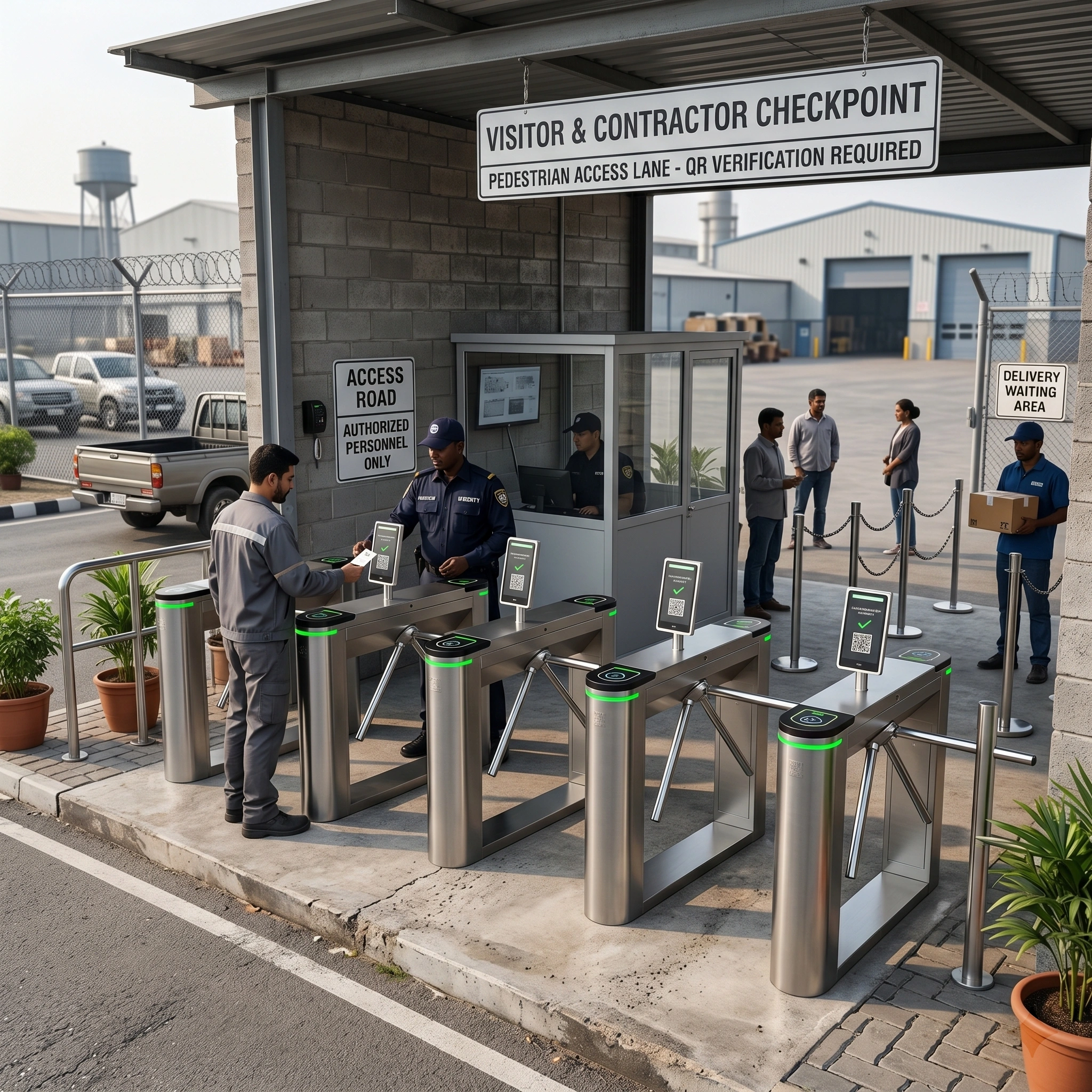 Workers and contractors verifying QR codes at a secure outdoor visitor checkpoint turnstile gate outside an industrial facility.