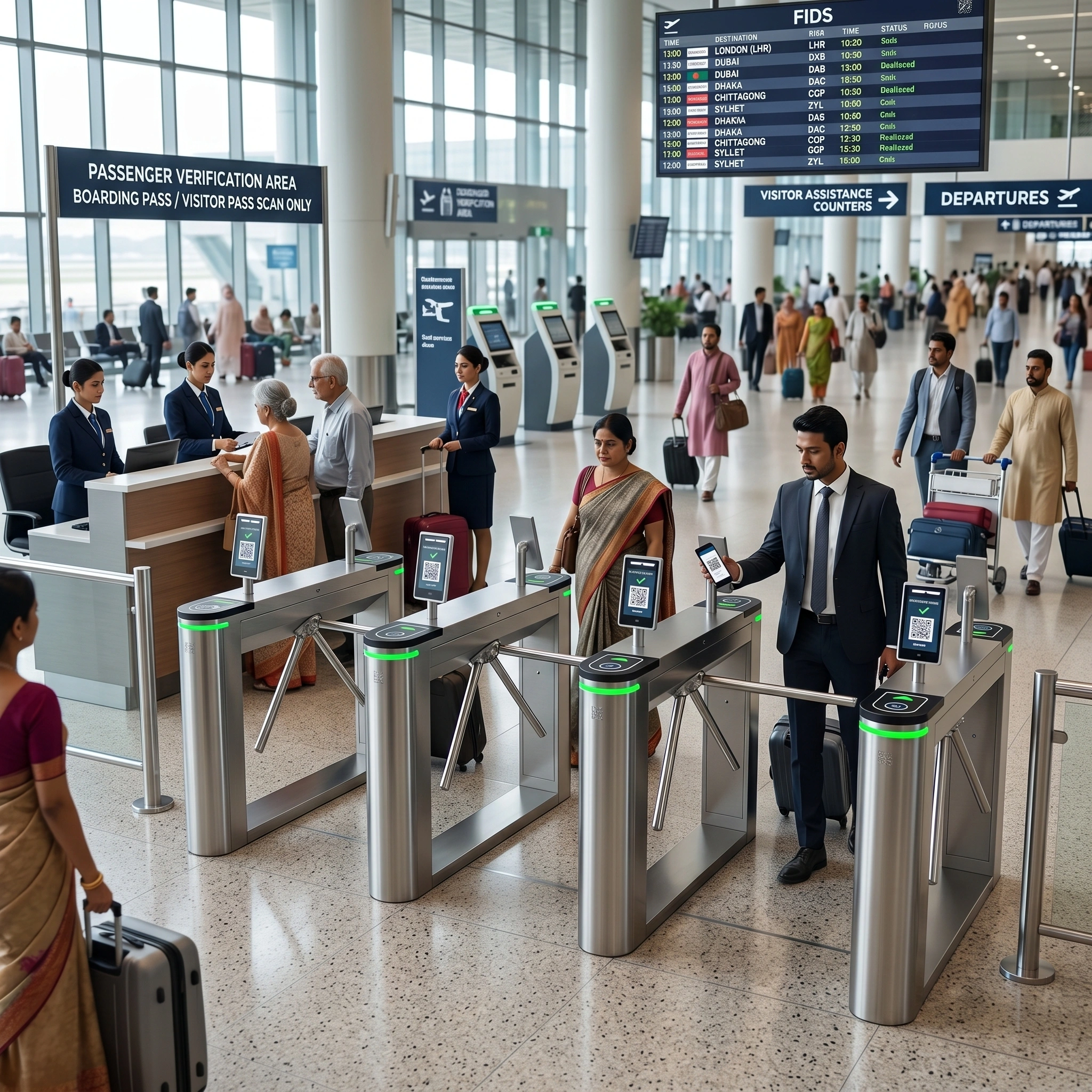 Travelers scanning boarding passes at a passenger verification area with automatic tripod turnstiles inside a busy airport.