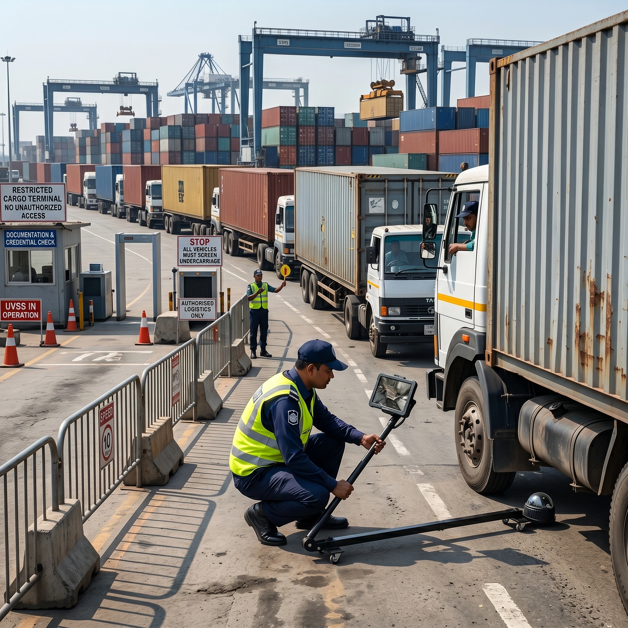 Cargo port security officer scanning a large container truck using a handheld under vehicle surveillance system to check for contraband.