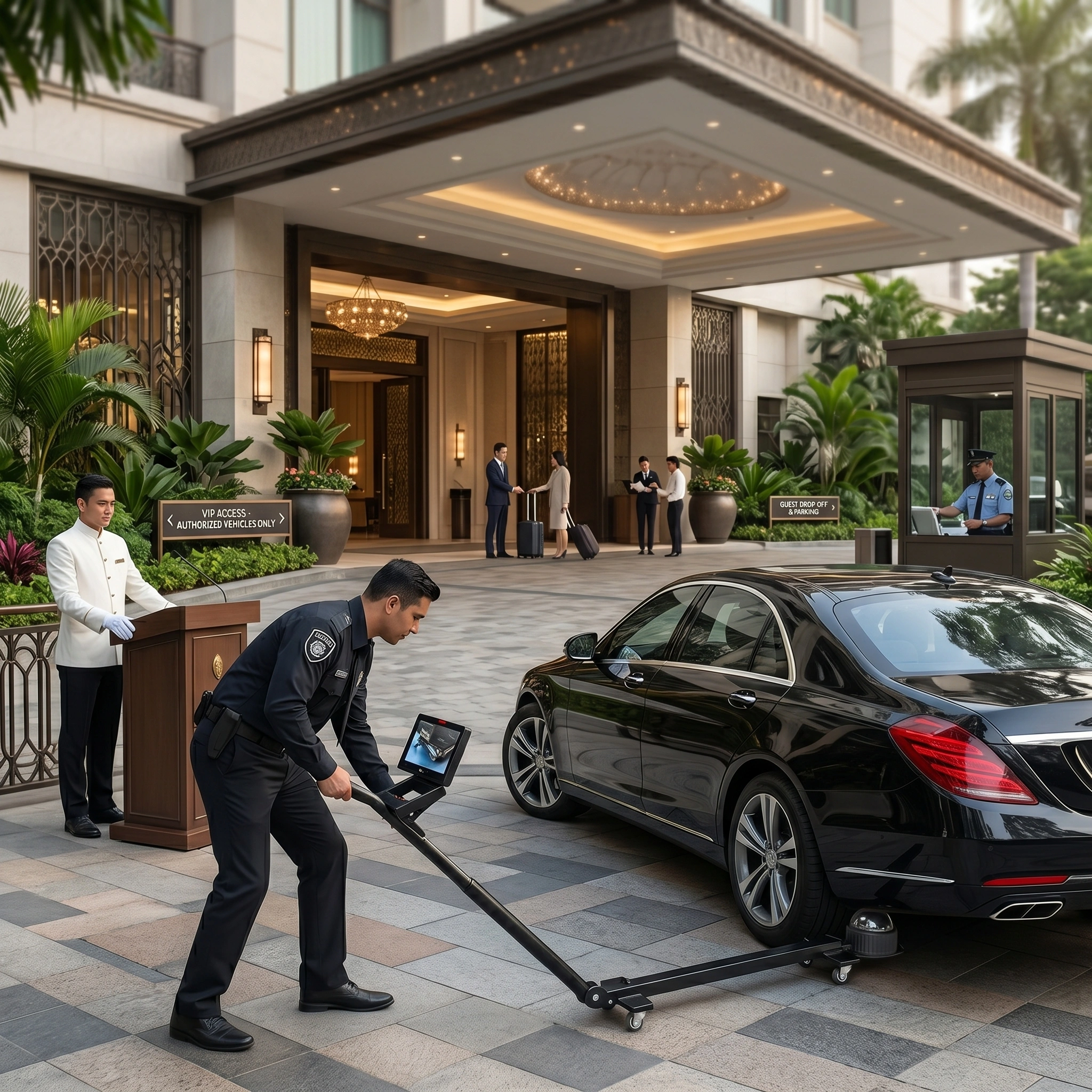 Hotel security officer checking a luxury black sedan car with a handheld under vehicle inspection camera at the main drop-off point.