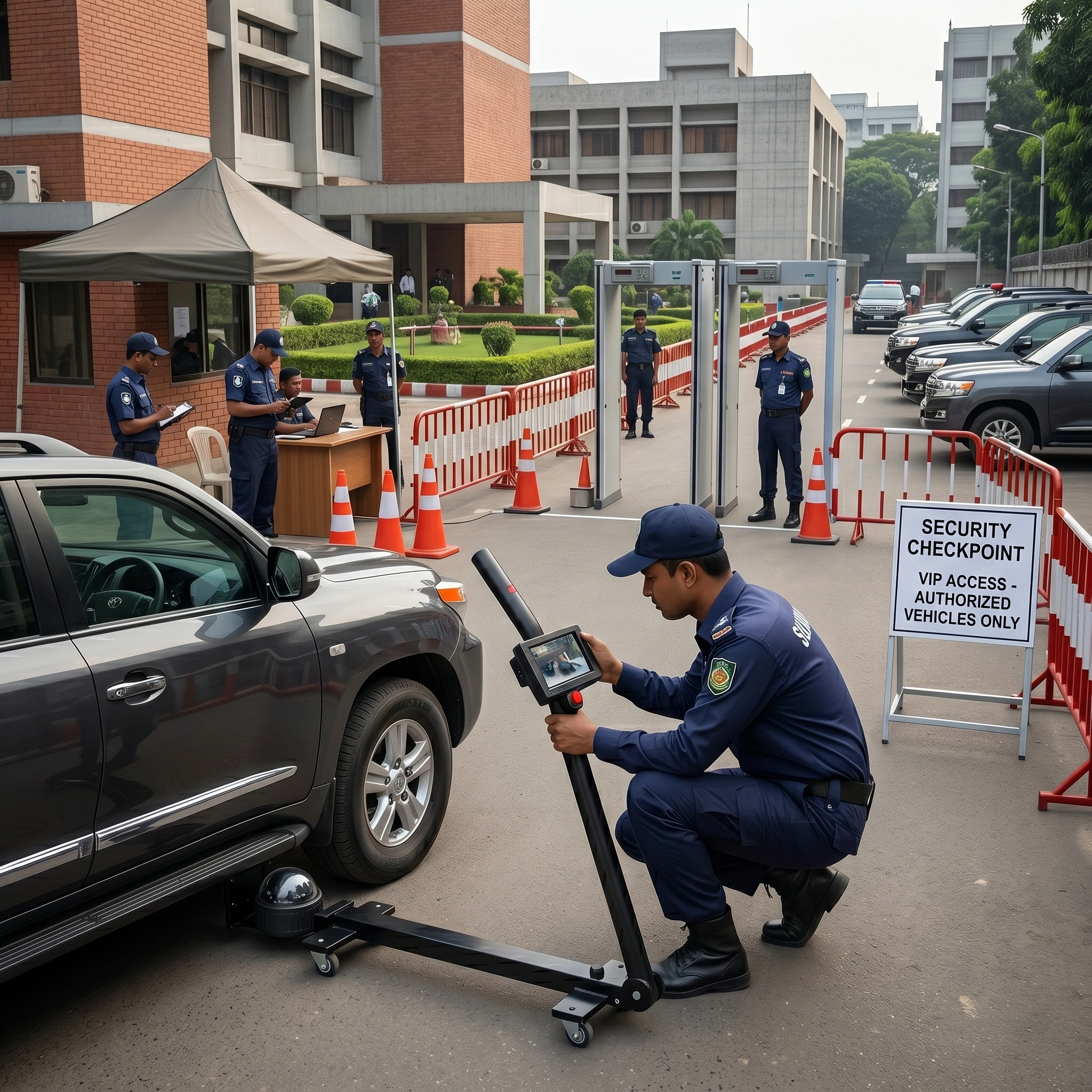 Security guard using a handheld UVSS device to scan the undercarriage of a car at a diplomatic zone entrance gate.