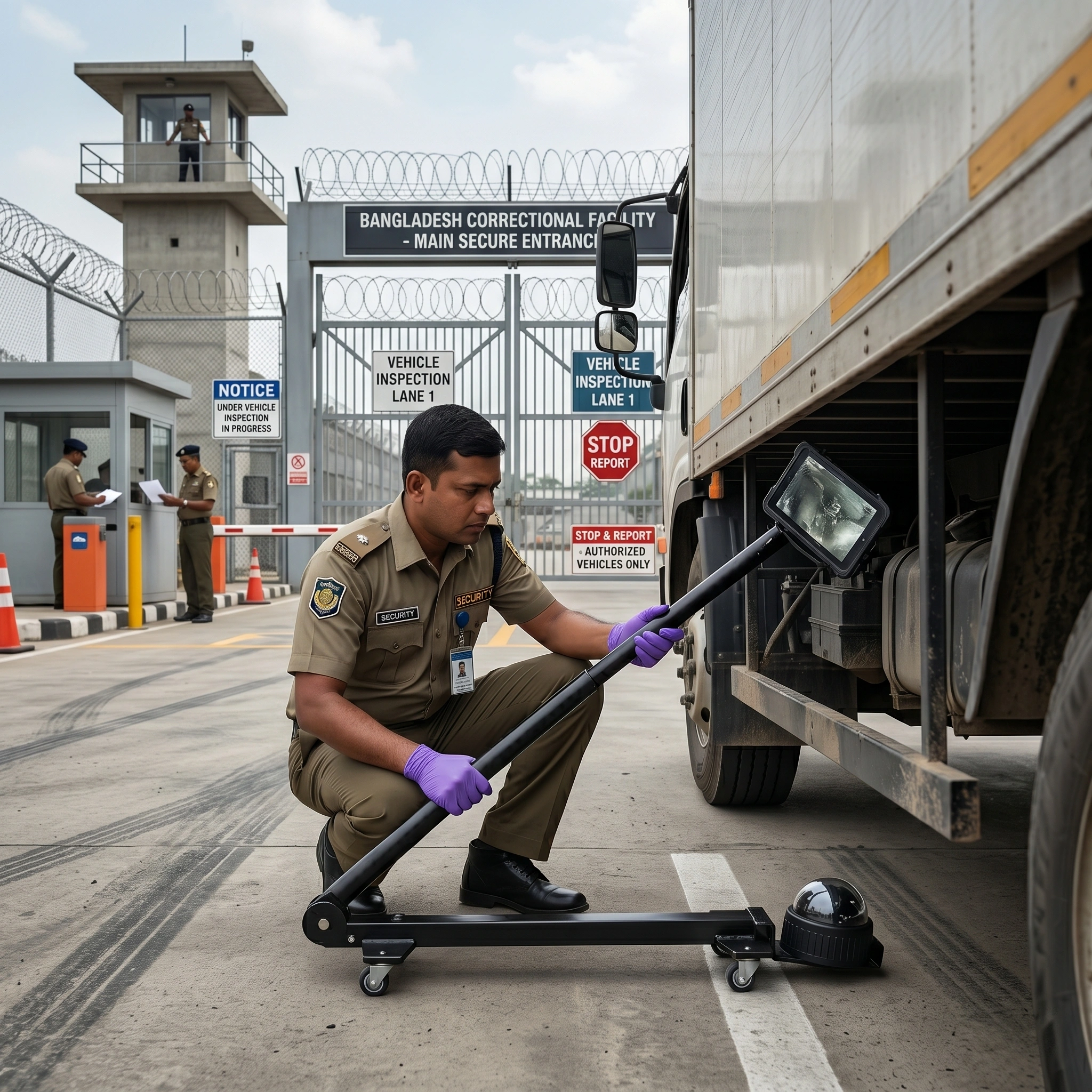Security guard checking the underside of a delivery truck using a long telescopic rod camera at a correctional facility gate.