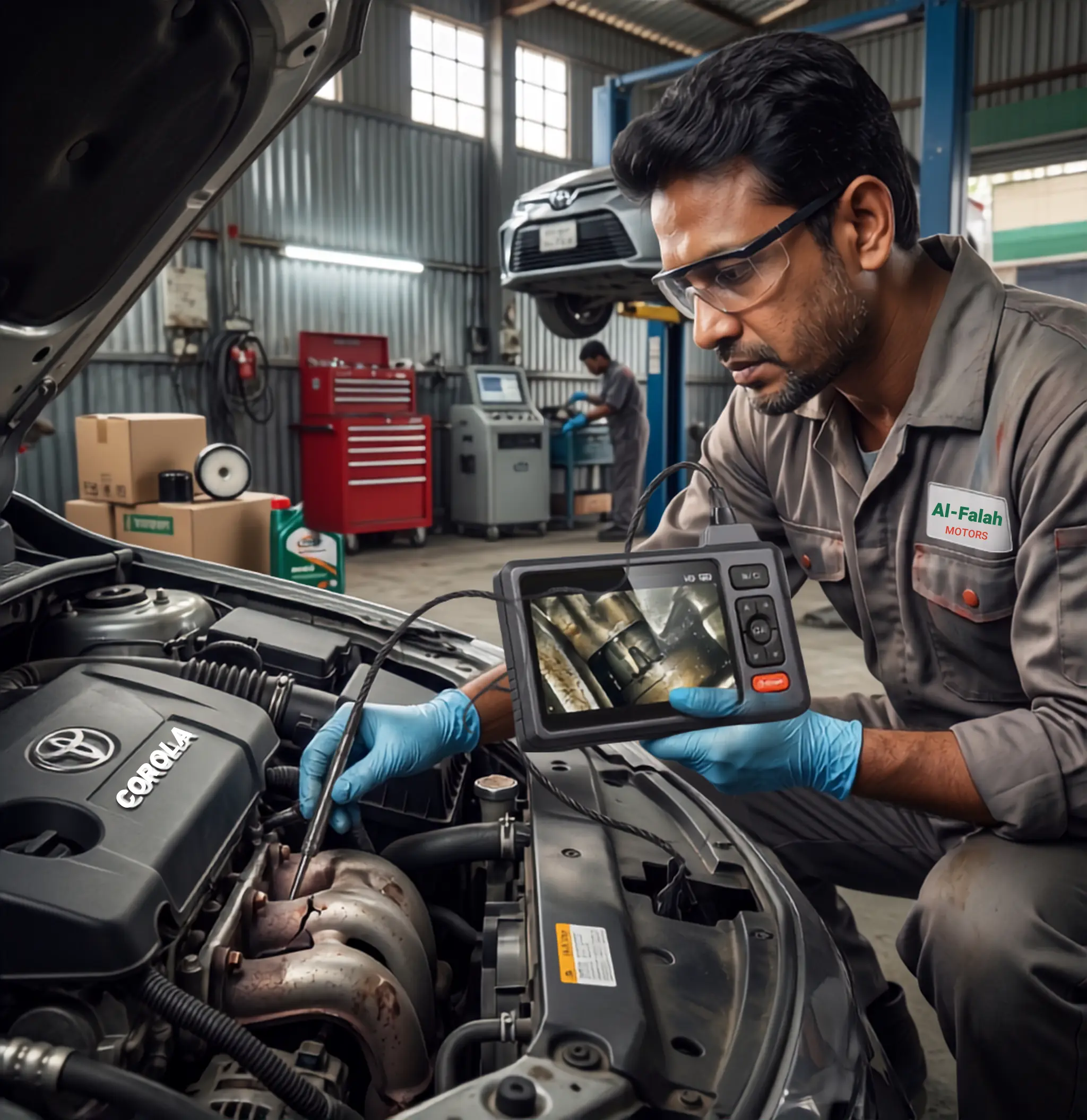 A mechanic uses an endoscopic cable camera to inspect narrow spaces and parts inside a car engine at a workshop.