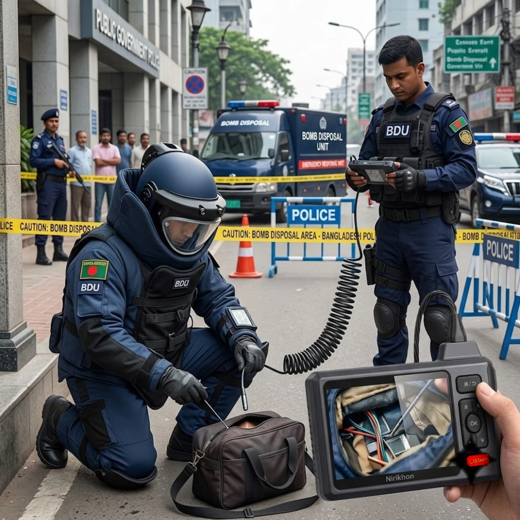 Bomb disposal unit team using the Nirikhon inspection camera to safely look inside a suspicious bag on a street.