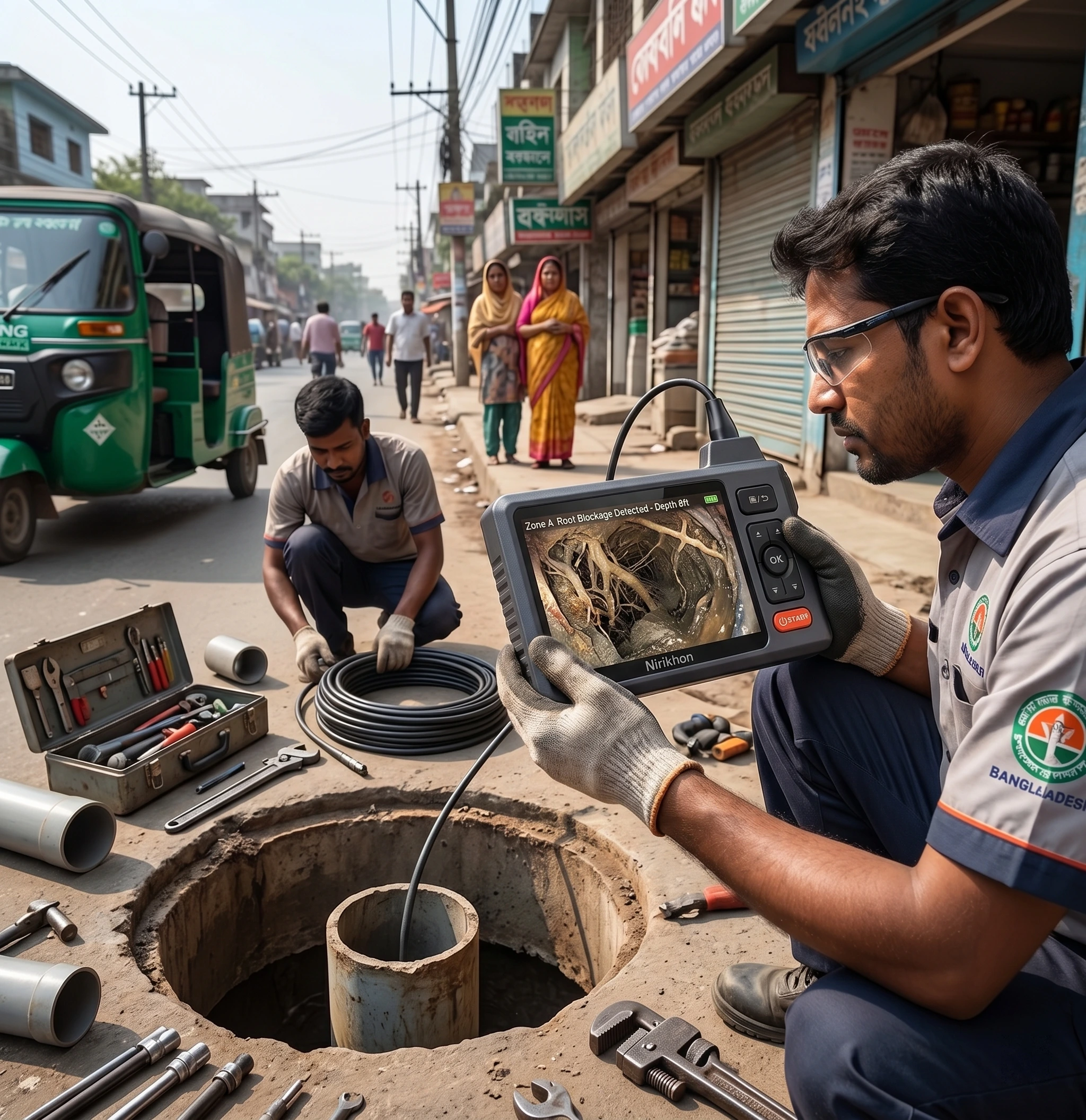 Technicians using a waterproof pipe inspection camera to find root blockages and leaks inside a deep city manhole drain.