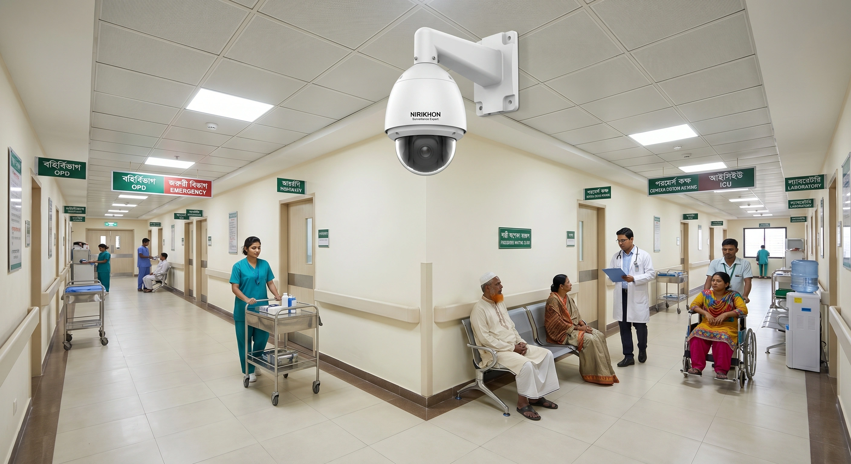 Ceiling mounted AI PTZ surveillance camera monitoring patient waiting area and emergency corridor in a hospital.