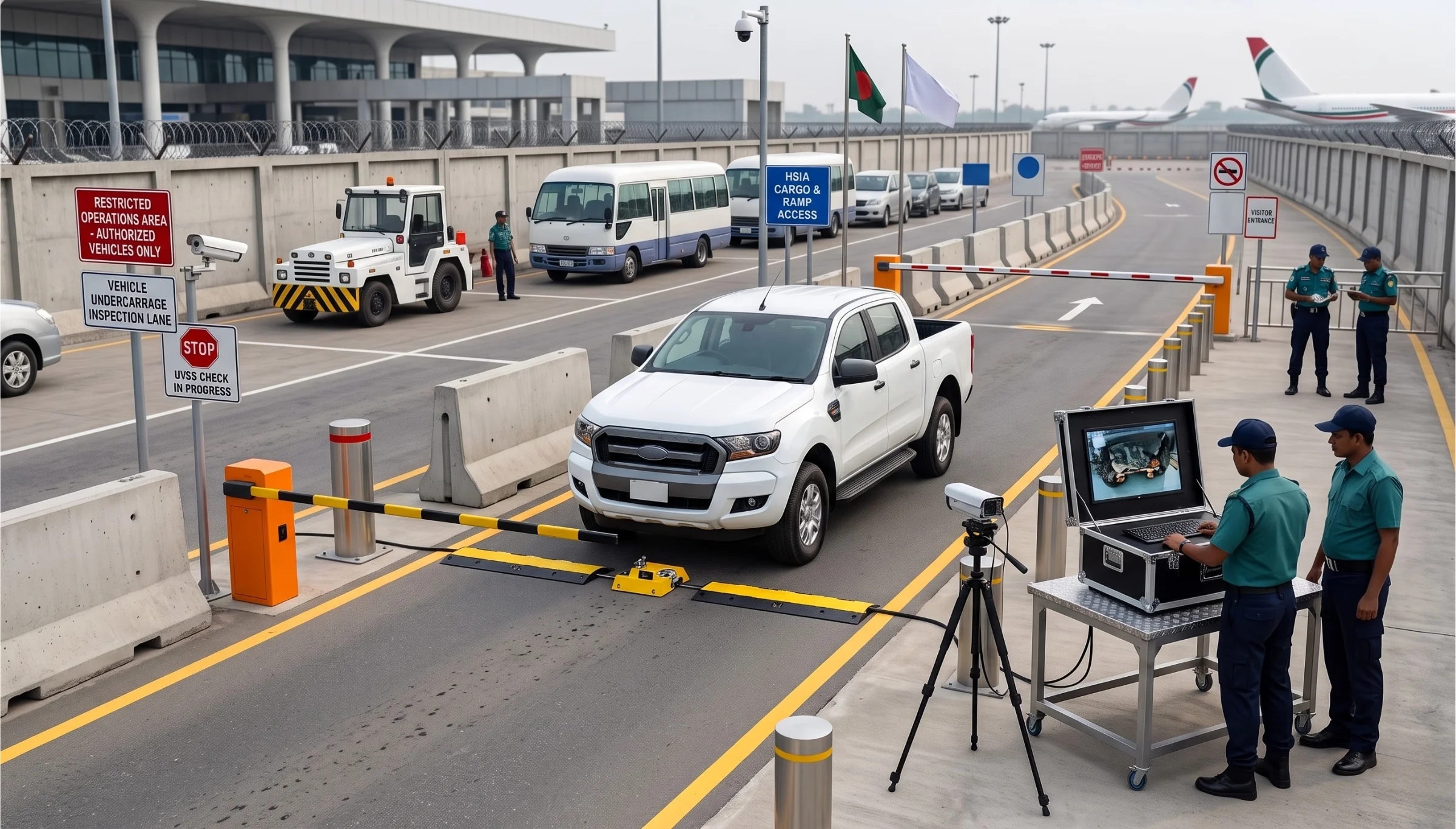An airport operations van driving over a yellow portable under vehicle inspection scanner ramp at a secure airport checkpoint.