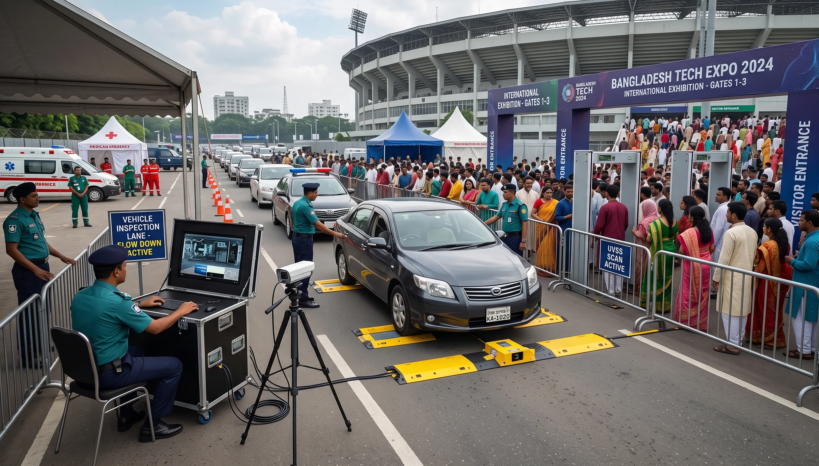 Security personnel in Bangladesh checking car chassis using a portable under vehicle surveillance system at stadium gate.